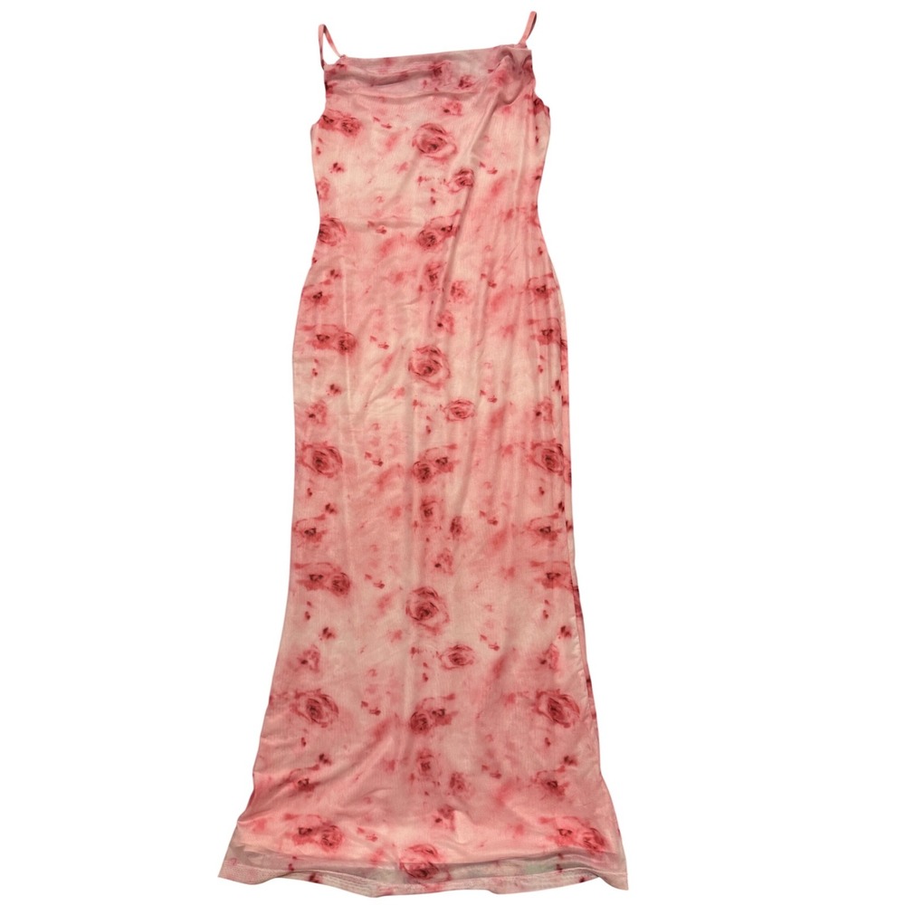 Y2K Fashion Pink Rose Floral Mesh Maxi Dress Cowl Neck Adjustable Straps Size M